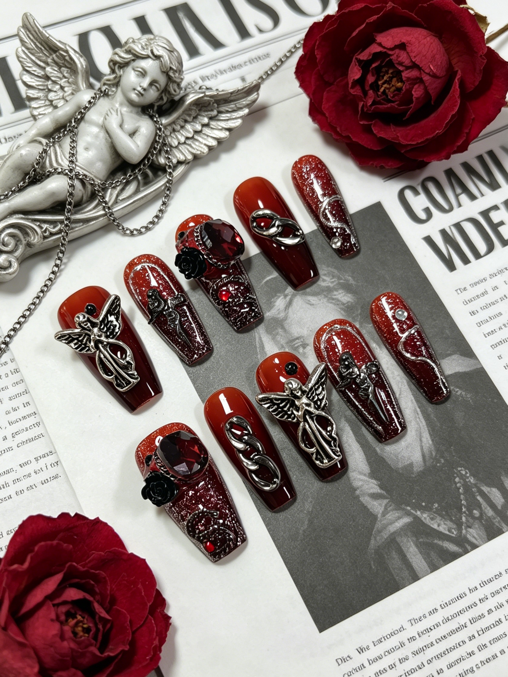 Korean Daily Lifestyle - 10 Medium-Sized Trapezoidal Press-On Nails, Red