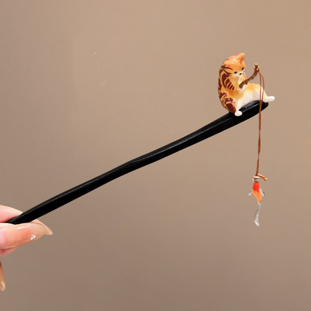 Hanbok Hair Pin - Antique Cat Fishing Wooden Hair Stick